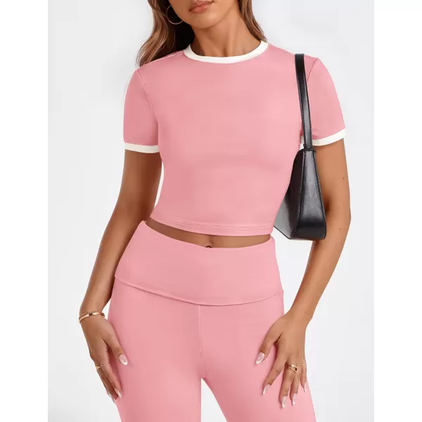 imageZESCA Womens 2 Piece Outfits Lounge Sets Causal Short Sleeve Knit Crop Top High Waist Flare Pants TracksuitsPink