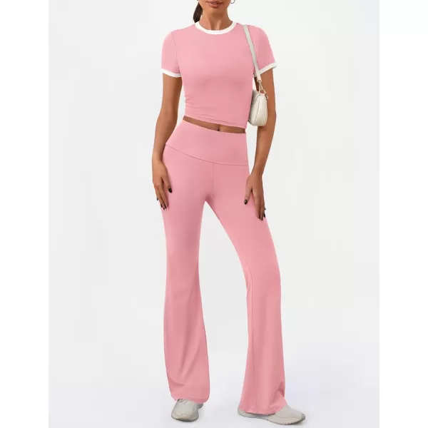 imageZESCA Womens 2 Piece Outfits Lounge Sets Causal Short Sleeve Knit Crop Top High Waist Flare Pants TracksuitsPink