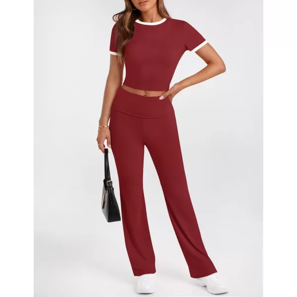 imageZESCA Womens 2 Piece Outfits Lounge Sets Causal Short Sleeve Knit Crop Top High Waist Flare Pants TracksuitsRed