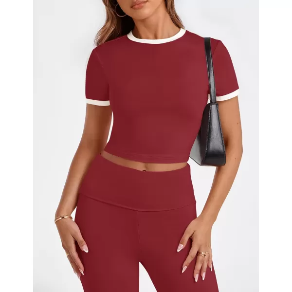 imageZESCA Womens 2 Piece Outfits Lounge Sets Causal Short Sleeve Knit Crop Top High Waist Flare Pants TracksuitsRed