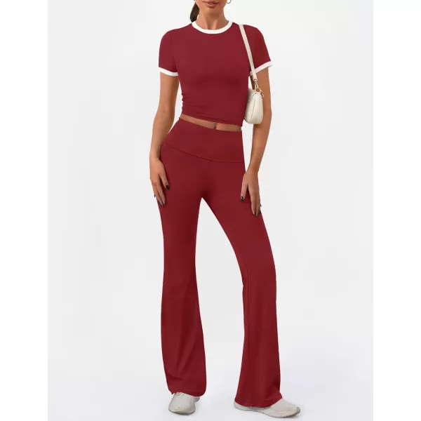 imageZESCA Womens 2 Piece Outfits Lounge Sets Causal Short Sleeve Knit Crop Top High Waist Flare Pants TracksuitsRed