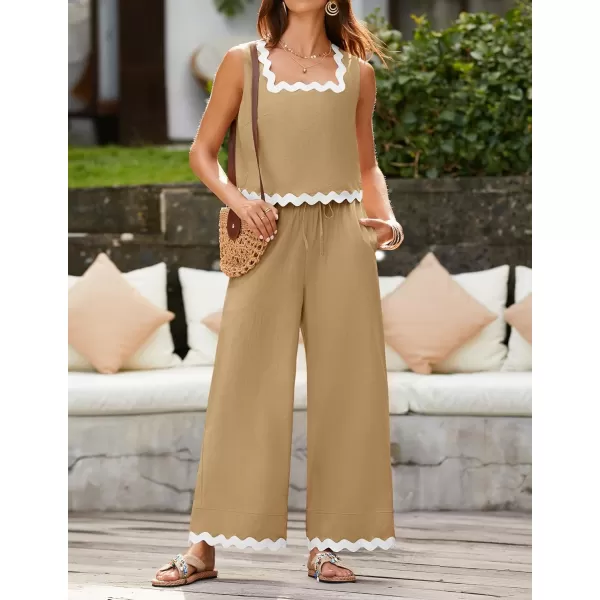 imageZESICA Summer 2 Piece Sets for Women Casual Tank Top and Wide Leg Pants Matching Lounge Pajama Sets Vacation Travel OutfitsKhaki