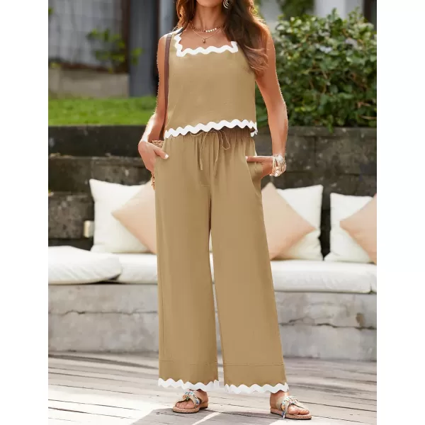 imageZESICA Summer 2 Piece Sets for Women Casual Tank Top and Wide Leg Pants Matching Lounge Pajama Sets Vacation Travel OutfitsKhaki