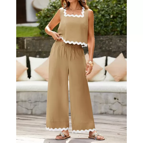 imageZESICA Summer 2 Piece Sets for Women Casual Tank Top and Wide Leg Pants Matching Lounge Pajama Sets Vacation Travel OutfitsKhaki
