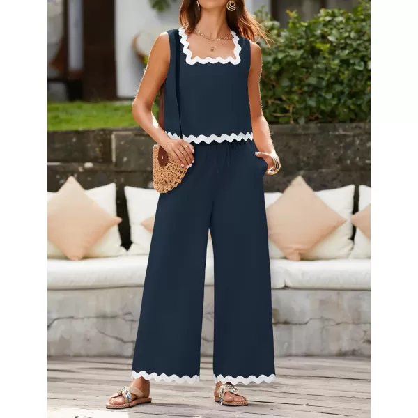 imageZESICA Summer 2 Piece Sets for Women Casual Tank Top and Wide Leg Pants Matching Lounge Pajama Sets Vacation Travel OutfitsNavy