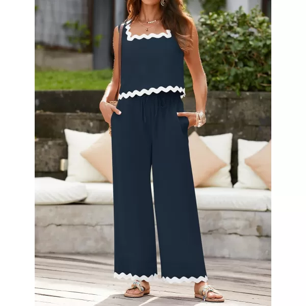 imageZESICA Summer 2 Piece Sets for Women Casual Tank Top and Wide Leg Pants Matching Lounge Pajama Sets Vacation Travel OutfitsNavy
