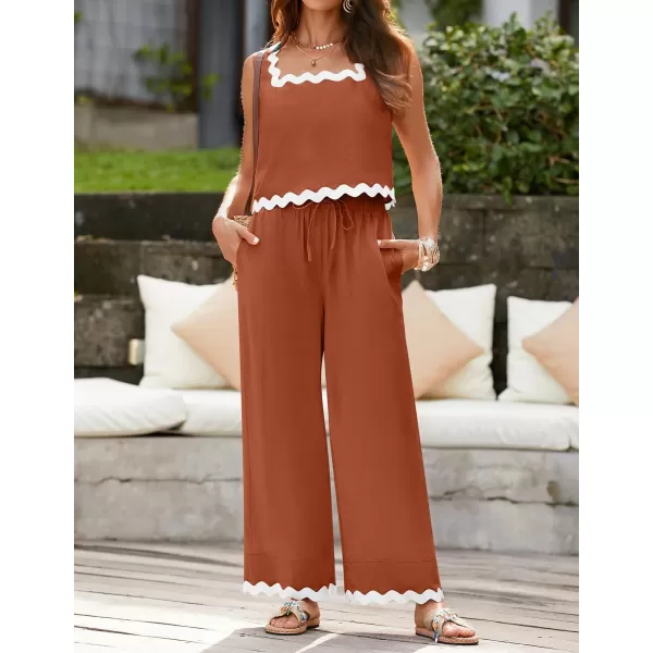 imageZESICA Summer 2 Piece Sets for Women Casual Tank Top and Wide Leg Pants Matching Lounge Pajama Sets Vacation Travel OutfitsRust