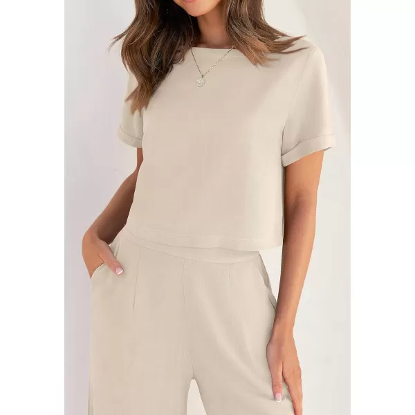 imageZESICA Womens 2 Piece Outfits Linen Short Sleeve Crop Top and Wide Leg Pants Lounge Matching Set Tracksuits Trendy ClothesApricot