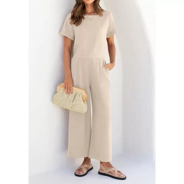 imageZESICA Womens 2 Piece Outfits Linen Short Sleeve Crop Top and Wide Leg Pants Lounge Matching Set Tracksuits Trendy ClothesApricot