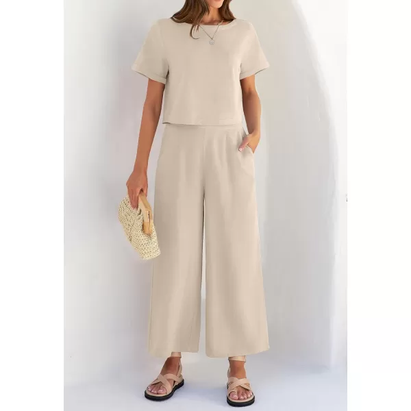 imageZESICA Womens 2 Piece Outfits Linen Short Sleeve Crop Top and Wide Leg Pants Lounge Matching Set Tracksuits Trendy ClothesApricot