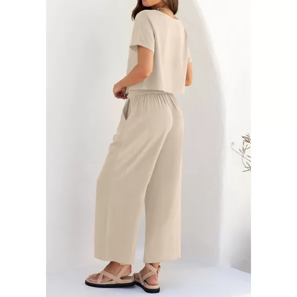 imageZESICA Womens 2 Piece Outfits Linen Short Sleeve Crop Top and Wide Leg Pants Lounge Matching Set Tracksuits Trendy ClothesApricot