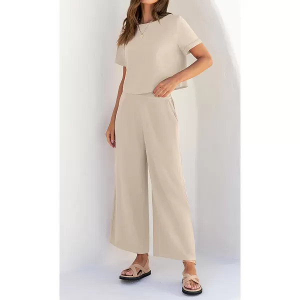 imageZESICA Womens 2 Piece Outfits Linen Short Sleeve Crop Top and Wide Leg Pants Lounge Matching Set Tracksuits Trendy ClothesApricot