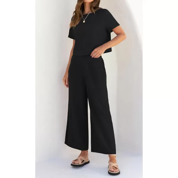 imageZESICA Womens 2 Piece Outfits Linen Short Sleeve Crop Top and Wide Leg Pants Lounge Matching Set Tracksuits Trendy ClothesBlack