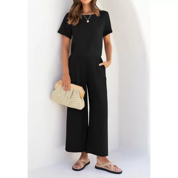 imageZESICA Womens 2 Piece Outfits Linen Short Sleeve Crop Top and Wide Leg Pants Lounge Matching Set Tracksuits Trendy ClothesBlack