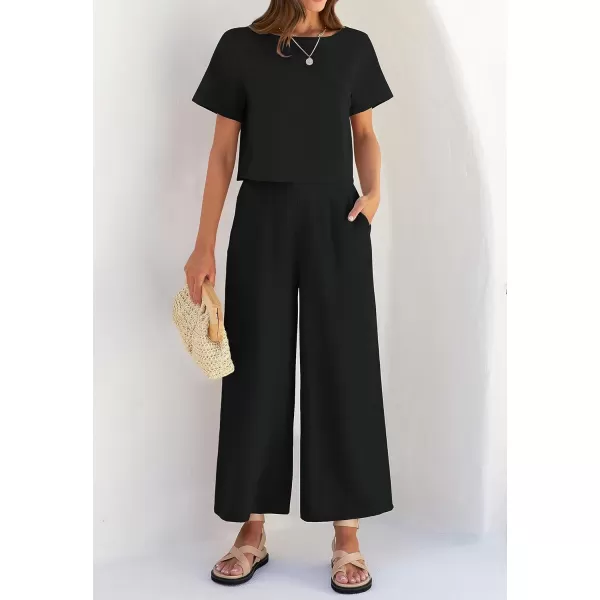 imageZESICA Womens 2 Piece Outfits Linen Short Sleeve Crop Top and Wide Leg Pants Lounge Matching Set Tracksuits Trendy ClothesBlack