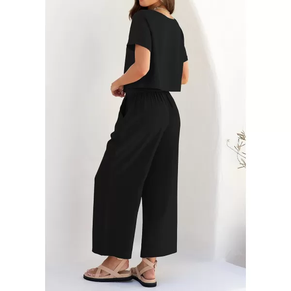 imageZESICA Womens 2 Piece Outfits Linen Short Sleeve Crop Top and Wide Leg Pants Lounge Matching Set Tracksuits Trendy ClothesBlack