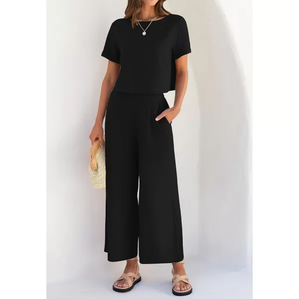 imageZESICA Womens 2 Piece Outfits Linen Short Sleeve Crop Top and Wide Leg Pants Lounge Matching Set Tracksuits Trendy ClothesBlack