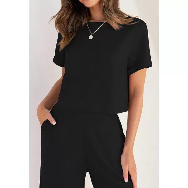 imageZESICA Womens 2 Piece Outfits Linen Short Sleeve Crop Top and Wide Leg Pants Lounge Matching Set Tracksuits Trendy ClothesBlack