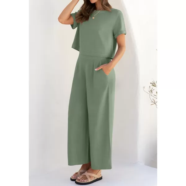 imageZESICA Womens 2 Piece Outfits Linen Short Sleeve Crop Top and Wide Leg Pants Lounge Matching Set Tracksuits Trendy ClothesCeladon