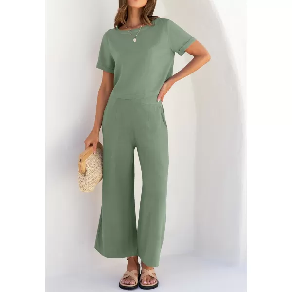 imageZESICA Womens 2 Piece Outfits Linen Short Sleeve Crop Top and Wide Leg Pants Lounge Matching Set Tracksuits Trendy ClothesCeladon