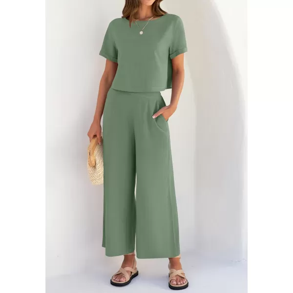 imageZESICA Womens 2 Piece Outfits Linen Short Sleeve Crop Top and Wide Leg Pants Lounge Matching Set Tracksuits Trendy ClothesCeladon