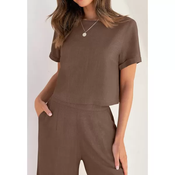 imageZESICA Womens 2 Piece Outfits Linen Short Sleeve Crop Top and Wide Leg Pants Lounge Matching Set Tracksuits Trendy ClothesCoffee