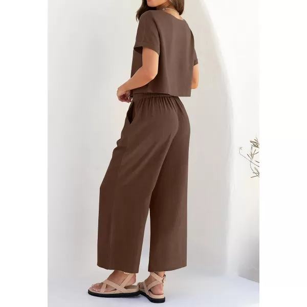 imageZESICA Womens 2 Piece Outfits Linen Short Sleeve Crop Top and Wide Leg Pants Lounge Matching Set Tracksuits Trendy ClothesCoffee