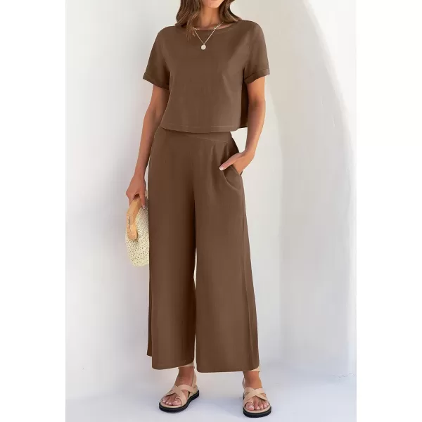 imageZESICA Womens 2 Piece Outfits Linen Short Sleeve Crop Top and Wide Leg Pants Lounge Matching Set Tracksuits Trendy ClothesCoffee