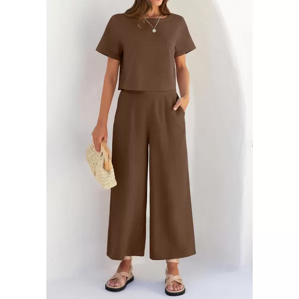 imageZESICA Womens 2 Piece Outfits Linen Short Sleeve Crop Top and Wide Leg Pants Lounge Matching Set Tracksuits Trendy ClothesCoffee