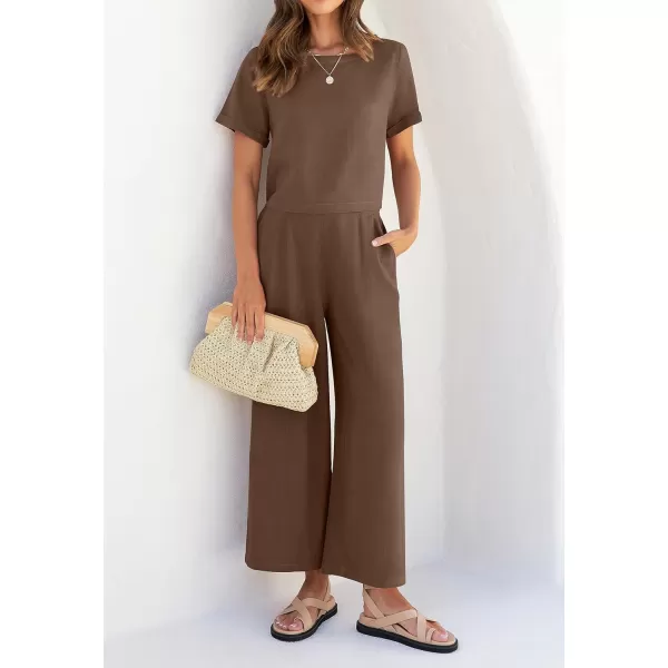 imageZESICA Womens 2 Piece Outfits Linen Short Sleeve Crop Top and Wide Leg Pants Lounge Matching Set Tracksuits Trendy ClothesCoffee