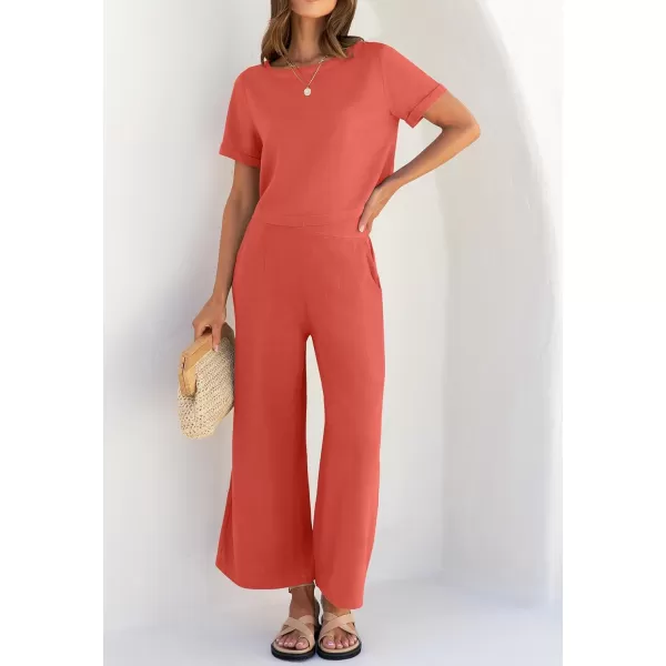 imageZESICA Womens 2 Piece Outfits Linen Short Sleeve Crop Top and Wide Leg Pants Lounge Matching Set Tracksuits Trendy ClothesCoral