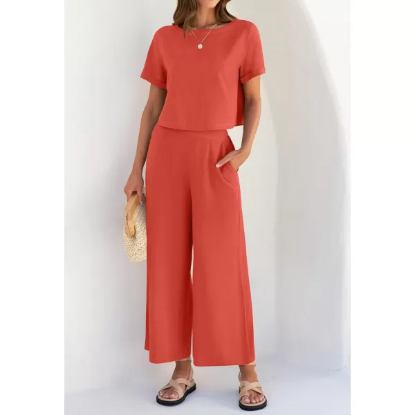 imageZESICA Womens 2 Piece Outfits Linen Short Sleeve Crop Top and Wide Leg Pants Lounge Matching Set Tracksuits Trendy ClothesCoral