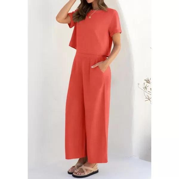 imageZESICA Womens 2 Piece Outfits Linen Short Sleeve Crop Top and Wide Leg Pants Lounge Matching Set Tracksuits Trendy ClothesCoral