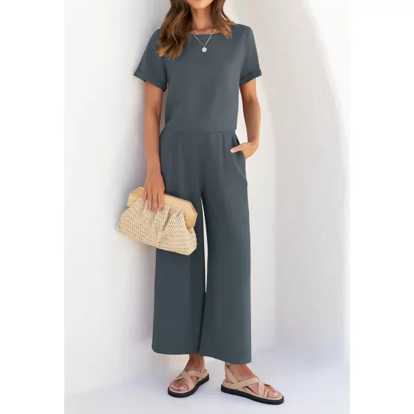 imageZESICA Womens 2 Piece Outfits Linen Short Sleeve Crop Top and Wide Leg Pants Lounge Matching Set Tracksuits Trendy ClothesDustyblue