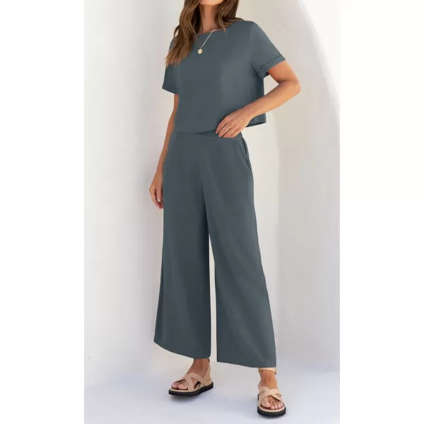 imageZESICA Womens 2 Piece Outfits Linen Short Sleeve Crop Top and Wide Leg Pants Lounge Matching Set Tracksuits Trendy ClothesDustyblue