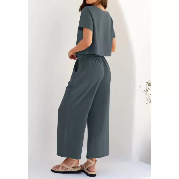 imageZESICA Womens 2 Piece Outfits Linen Short Sleeve Crop Top and Wide Leg Pants Lounge Matching Set Tracksuits Trendy ClothesDustyblue