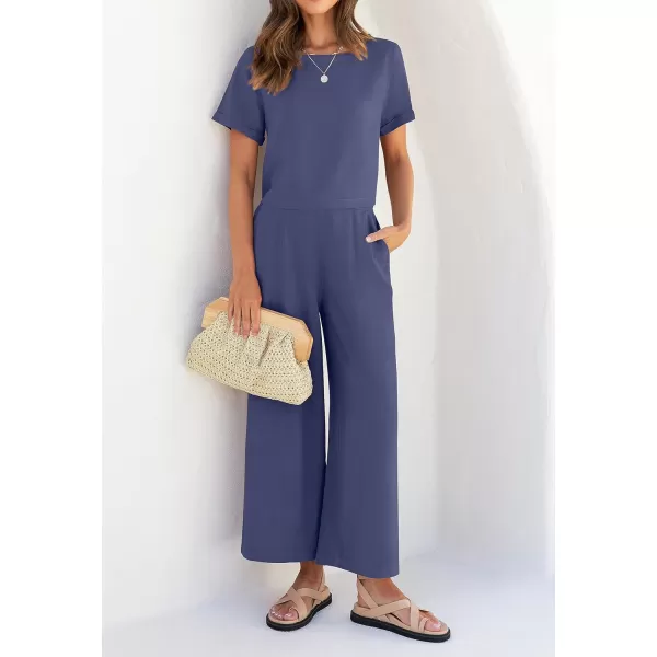 imageZESICA Womens 2 Piece Outfits Linen Short Sleeve Crop Top and Wide Leg Pants Lounge Matching Set Tracksuits Trendy ClothesGreyblue