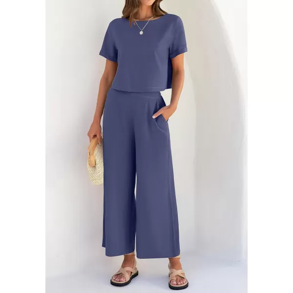 imageZESICA Womens 2 Piece Outfits Linen Short Sleeve Crop Top and Wide Leg Pants Lounge Matching Set Tracksuits Trendy ClothesGreyblue