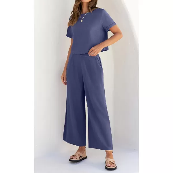 imageZESICA Womens 2 Piece Outfits Linen Short Sleeve Crop Top and Wide Leg Pants Lounge Matching Set Tracksuits Trendy ClothesGreyblue