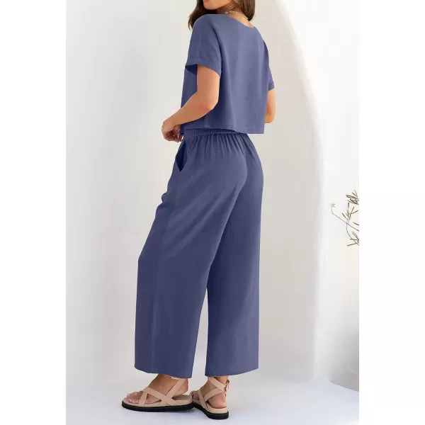 imageZESICA Womens 2 Piece Outfits Linen Short Sleeve Crop Top and Wide Leg Pants Lounge Matching Set Tracksuits Trendy ClothesGreyblue