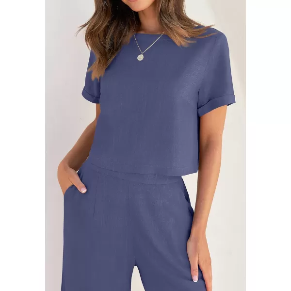 imageZESICA Womens 2 Piece Outfits Linen Short Sleeve Crop Top and Wide Leg Pants Lounge Matching Set Tracksuits Trendy ClothesGreyblue
