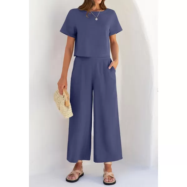imageZESICA Womens 2 Piece Outfits Linen Short Sleeve Crop Top and Wide Leg Pants Lounge Matching Set Tracksuits Trendy ClothesGreyblue