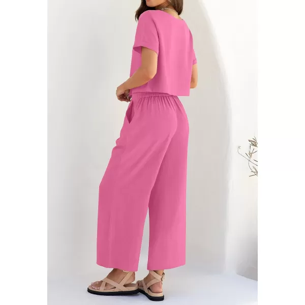 imageZESICA Womens 2 Piece Outfits Linen Short Sleeve Crop Top and Wide Leg Pants Lounge Matching Set Tracksuits Trendy ClothesHotpink