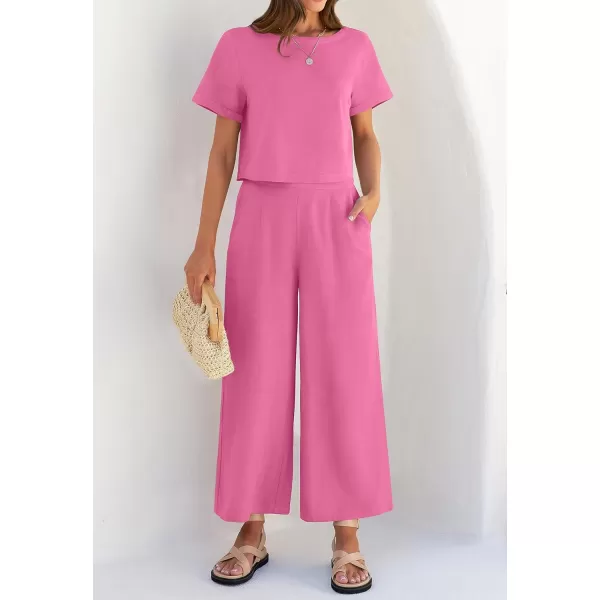 imageZESICA Womens 2 Piece Outfits Linen Short Sleeve Crop Top and Wide Leg Pants Lounge Matching Set Tracksuits Trendy ClothesHotpink