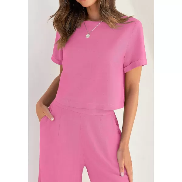 imageZESICA Womens 2 Piece Outfits Linen Short Sleeve Crop Top and Wide Leg Pants Lounge Matching Set Tracksuits Trendy ClothesHotpink