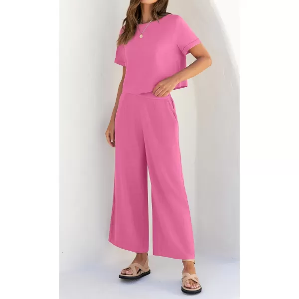 imageZESICA Womens 2 Piece Outfits Linen Short Sleeve Crop Top and Wide Leg Pants Lounge Matching Set Tracksuits Trendy ClothesHotpink