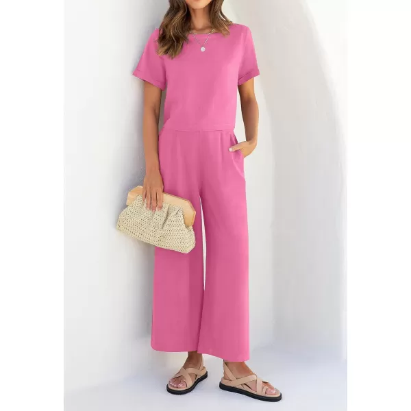 imageZESICA Womens 2 Piece Outfits Linen Short Sleeve Crop Top and Wide Leg Pants Lounge Matching Set Tracksuits Trendy ClothesHotpink