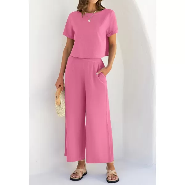 imageZESICA Womens 2 Piece Outfits Linen Short Sleeve Crop Top and Wide Leg Pants Lounge Matching Set Tracksuits Trendy ClothesHotpink