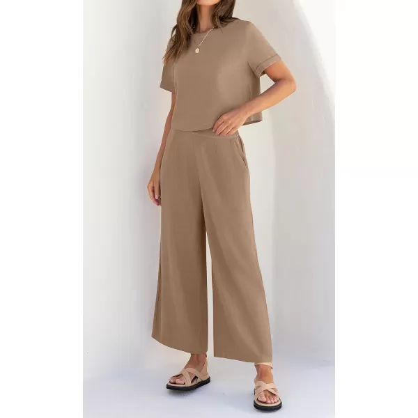 imageZESICA Womens 2 Piece Outfits Linen Short Sleeve Crop Top and Wide Leg Pants Lounge Matching Set Tracksuits Trendy ClothesKhaki