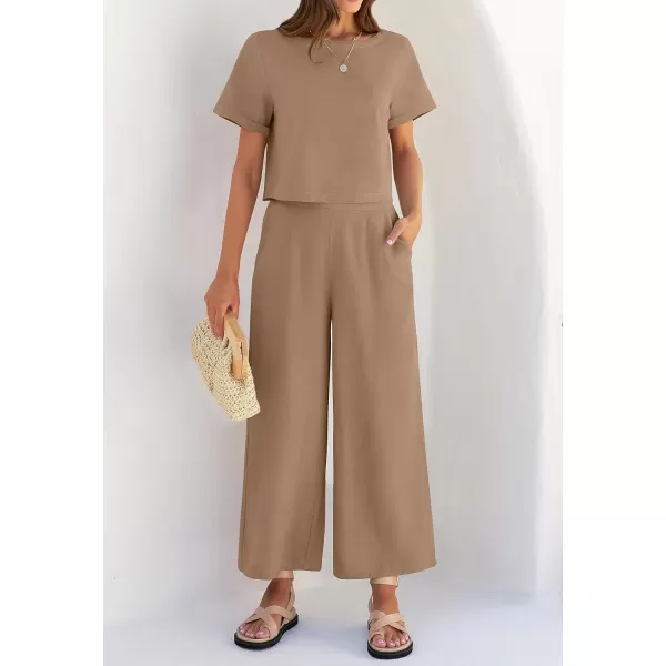 imageZESICA Womens 2 Piece Outfits Linen Short Sleeve Crop Top and Wide Leg Pants Lounge Matching Set Tracksuits Trendy ClothesKhaki